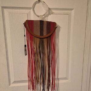 BCBGMaxAzria Red and Brown Fringe Clutch